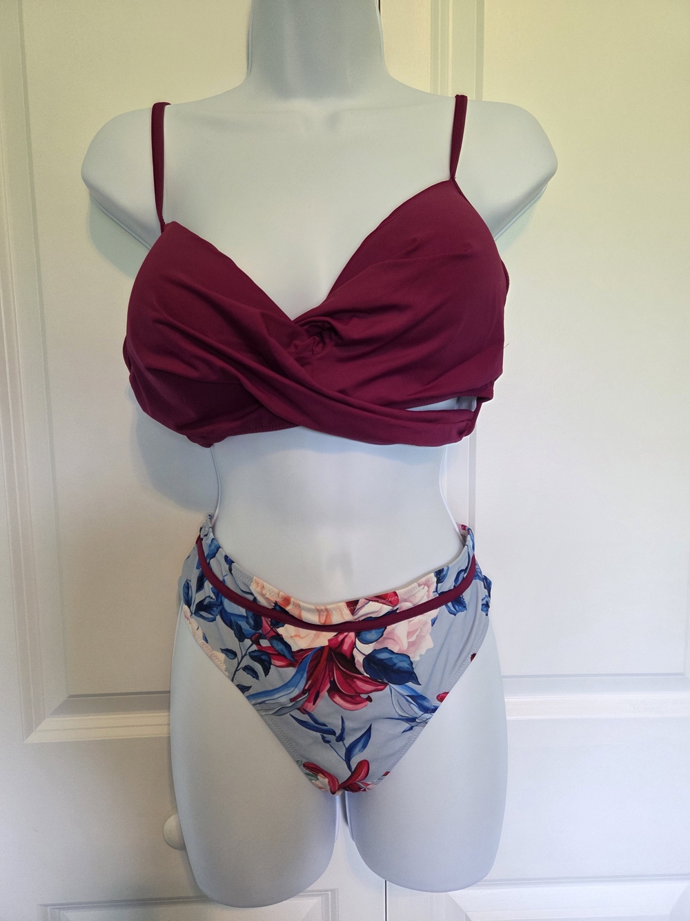 Cupshe Burgundy Twist Bikini Top with Light Blue Floral High-Waist Bottom
